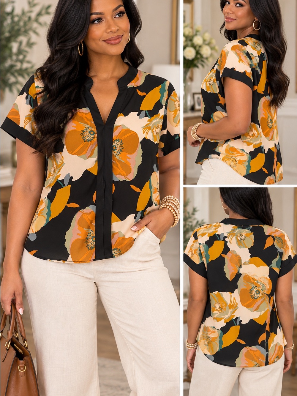 Short-Sleeve Floral Split-Neck Blouse in Black and Mustard